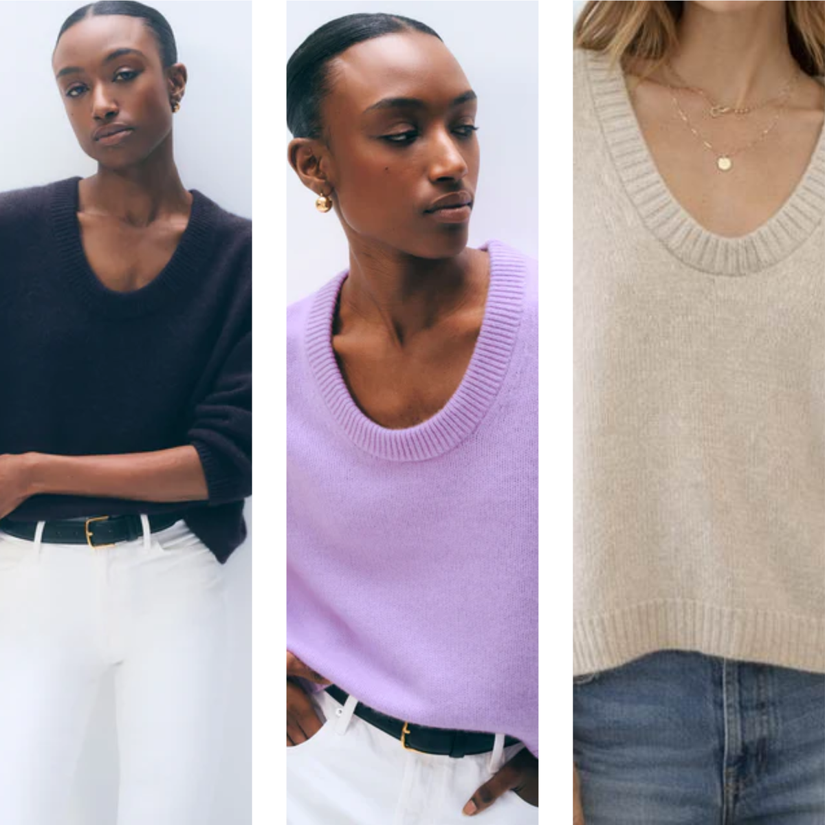 Three vertical panels show a model wearing different knit sweater colors: a dark navy sweater with white pants, a light lavender sweater with white pants, and a beige V-neck sweater with blue jeans. The models are wearing delicate gold necklaces.