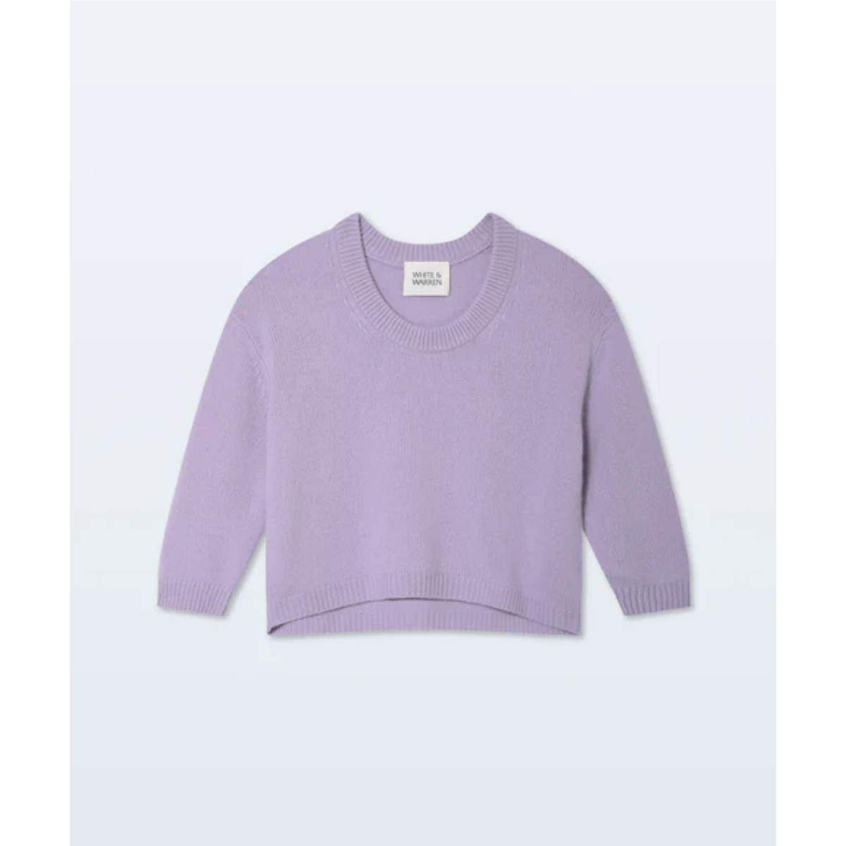 A light purple cropped knit sweater with long sleeves and a crew neck, displayed flat against a light gray background.