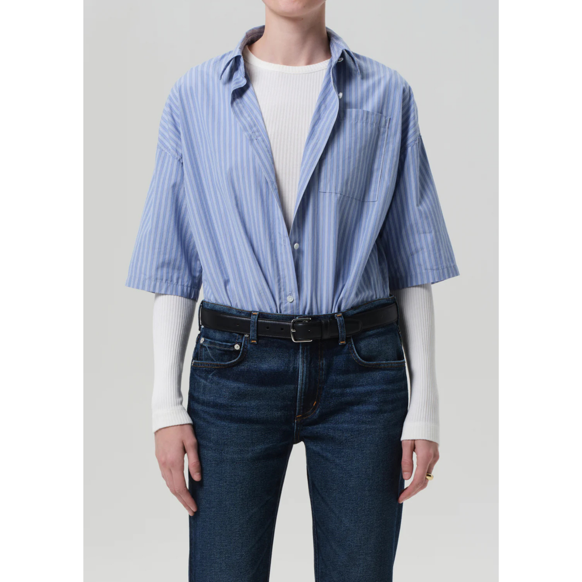 Frances Cropped Cape Button Up - Kindred Stripe
