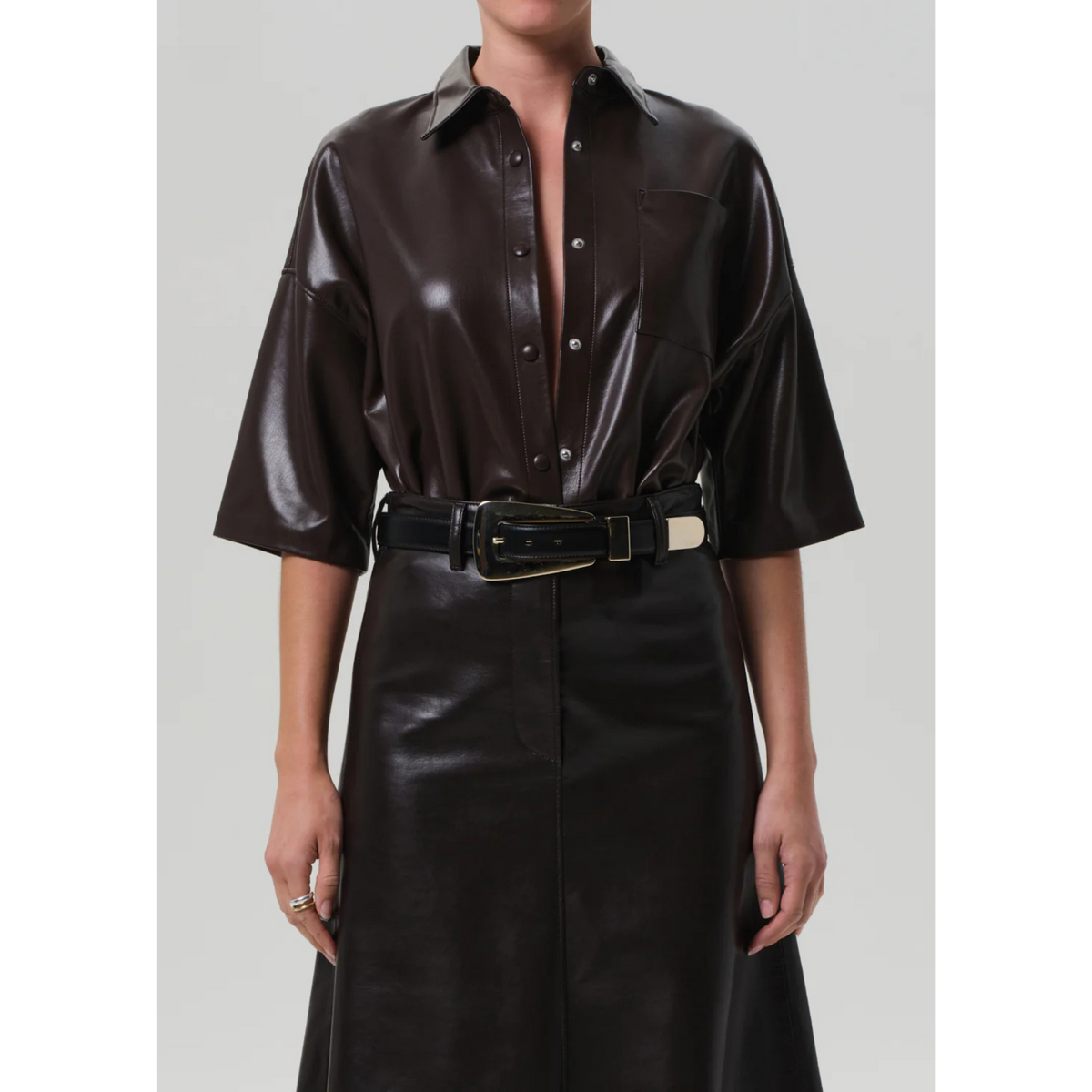 Frances Cropped Cape Button Up - Chocolate