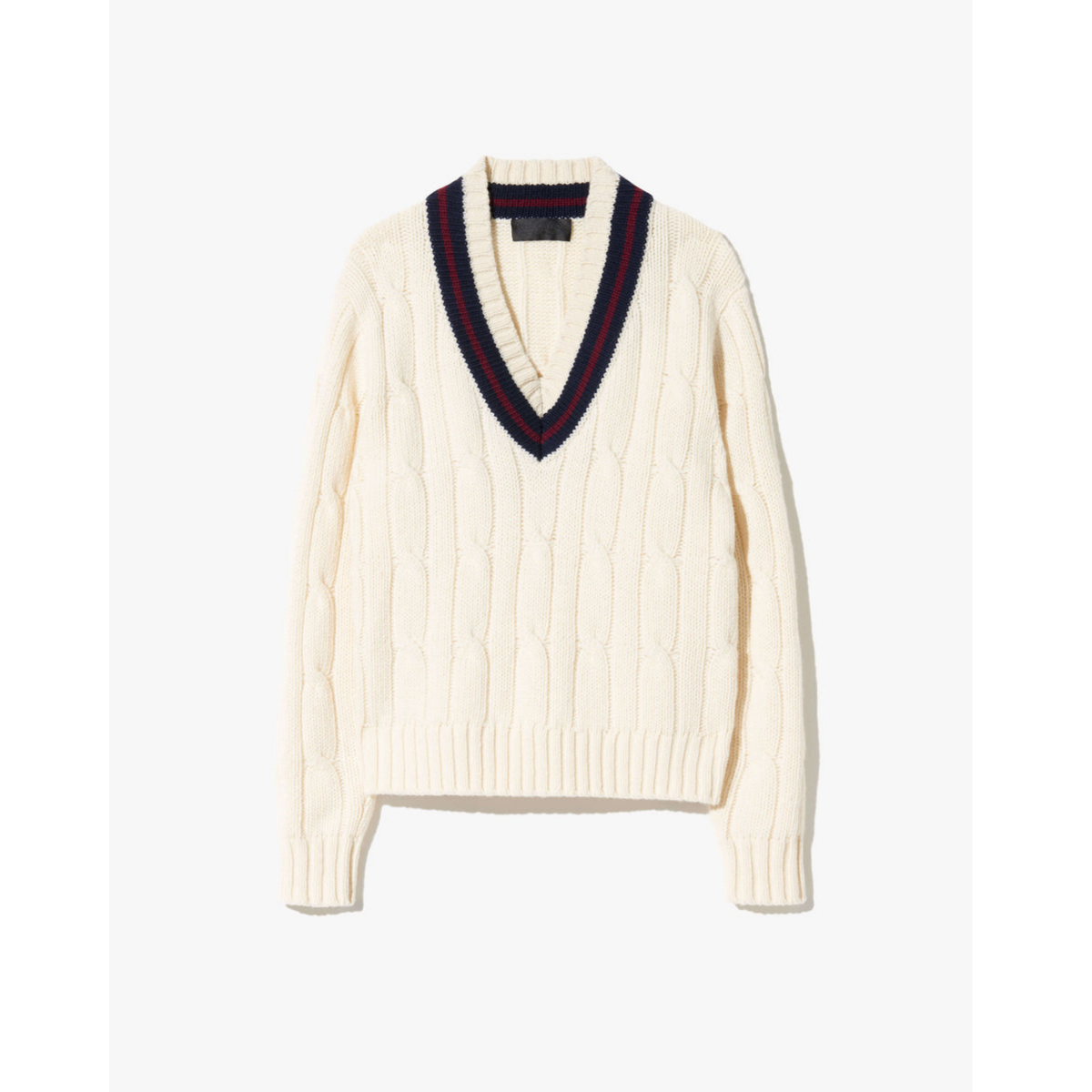 Cream-colored sweater with a V-neck and red and blue trim on a white background