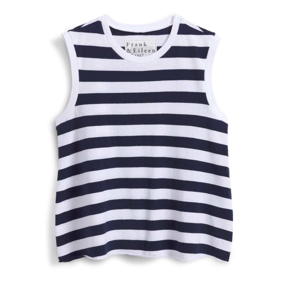 A sleeveless tank top with horizontal navy blue and white stripes, featuring a crew neck and a visible 'Frank & Eileen' brand label inside the collar, set against a plain white background.