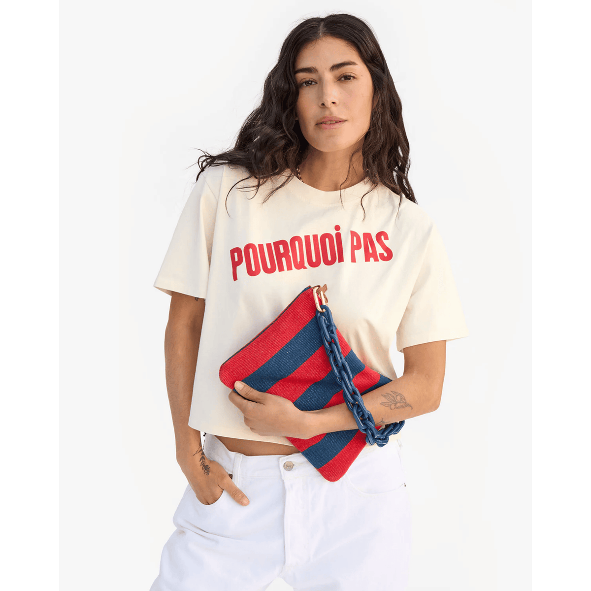 Flat Clutch W/Tabs - Poppy/French Blue Canvas Stripe