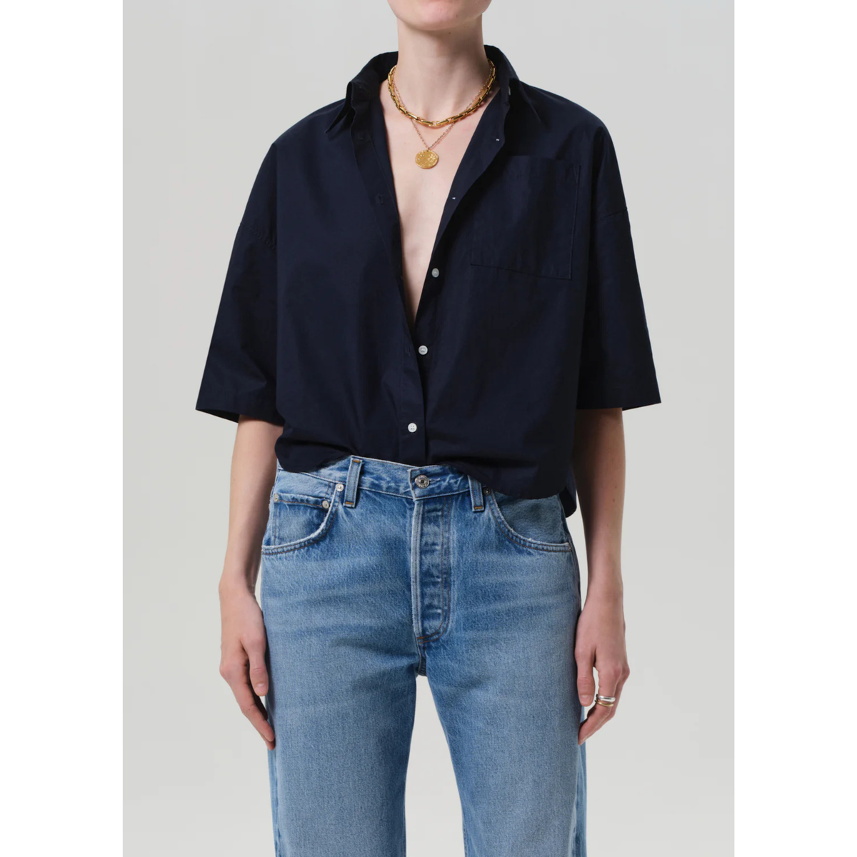 Frances Cropped Cape Button Up - Navy