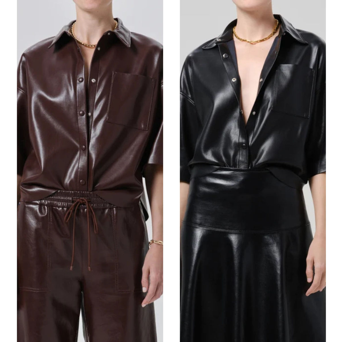 Two models wearing shiny faux leather button-front outfits shown side by side. The left outfit is a dark brown short-sleeve shirt with matching drawstring pants.