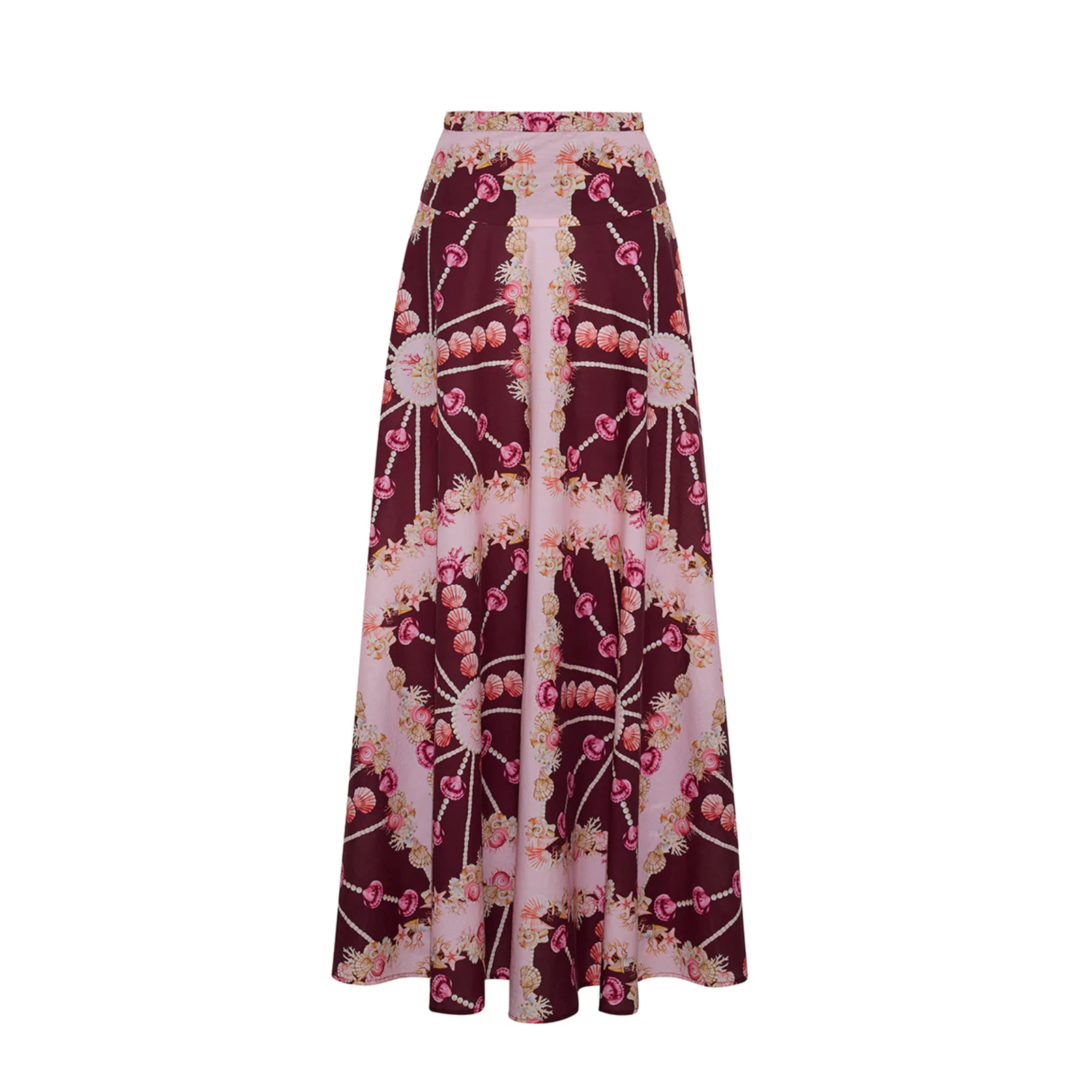 A high-waisted, floor-length A-line skirt featuring a symmetrical floral and geometric print in burgundy, light pink, and gold, displayed on a clean white background.