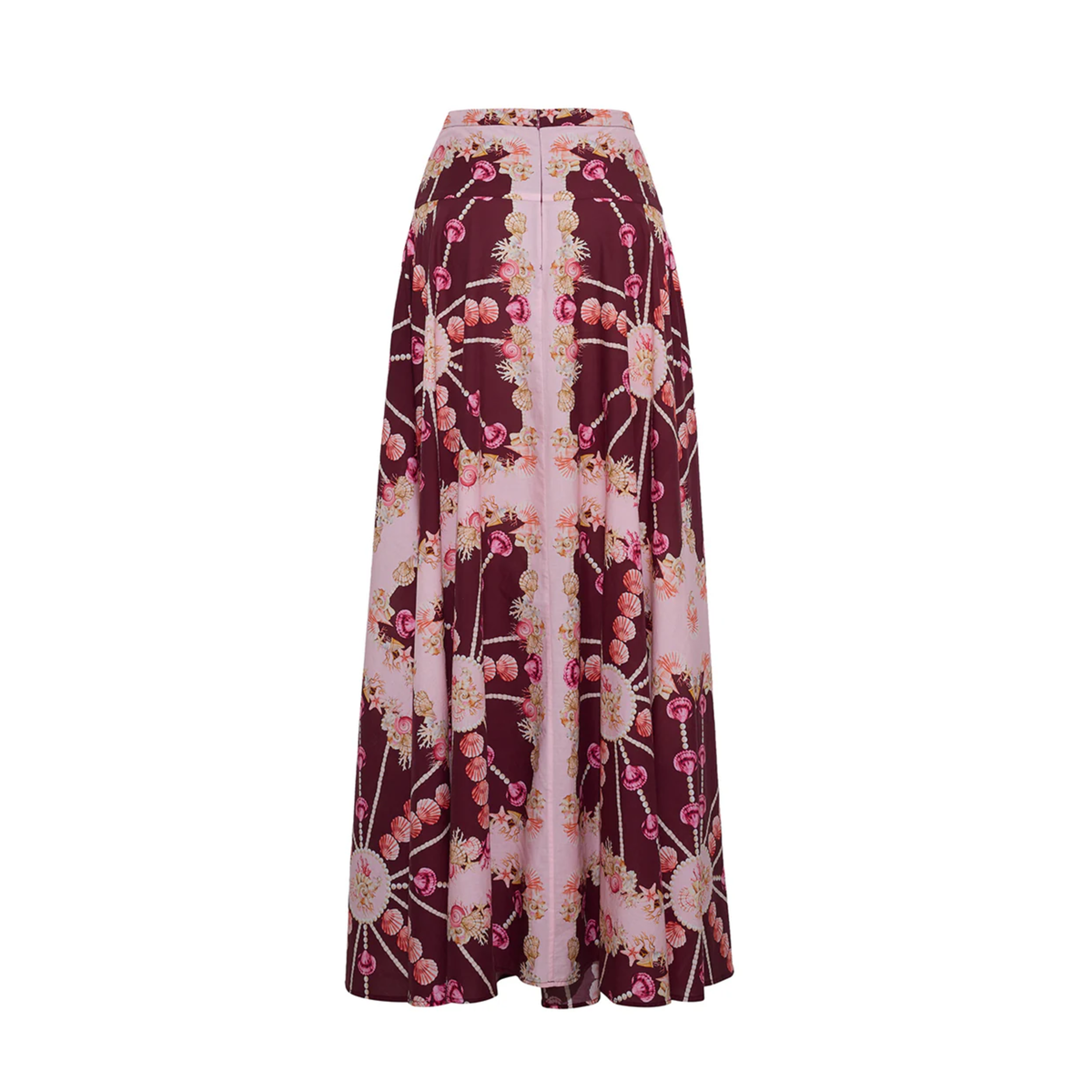 A high-waisted, floor-length A-line skirt with a vertical floral print. The pattern features dark burgundy and light pink panels with pink and white flowers, green leaves, and small yellow accents, presented on a solid white background.