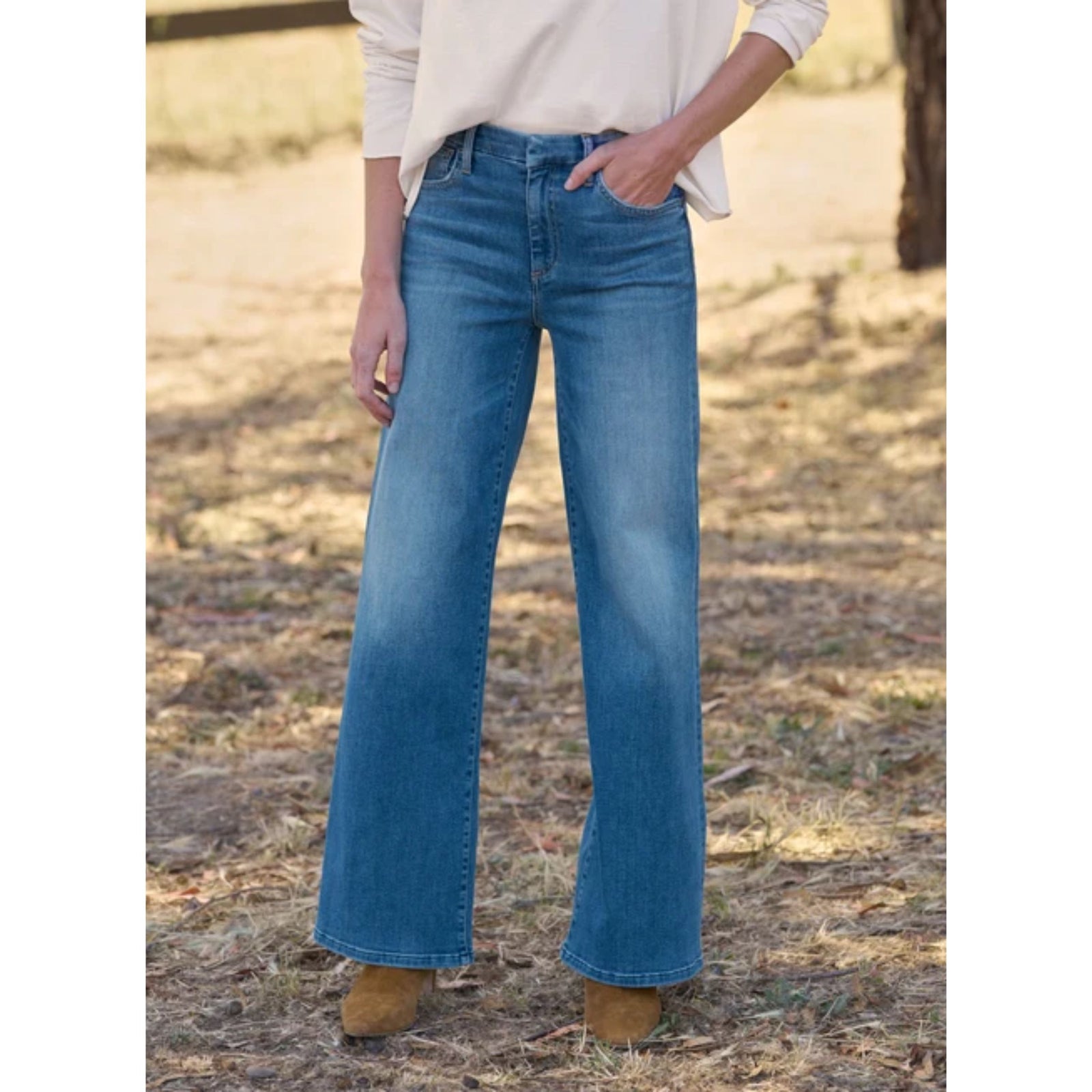 Front product view of the Frank & Eileen Galway 32" Full-Length Wide Leg Jean in 2002—medium blue wash wide-leg denim jeans with subtle fading through the thighs set against a plain white background.