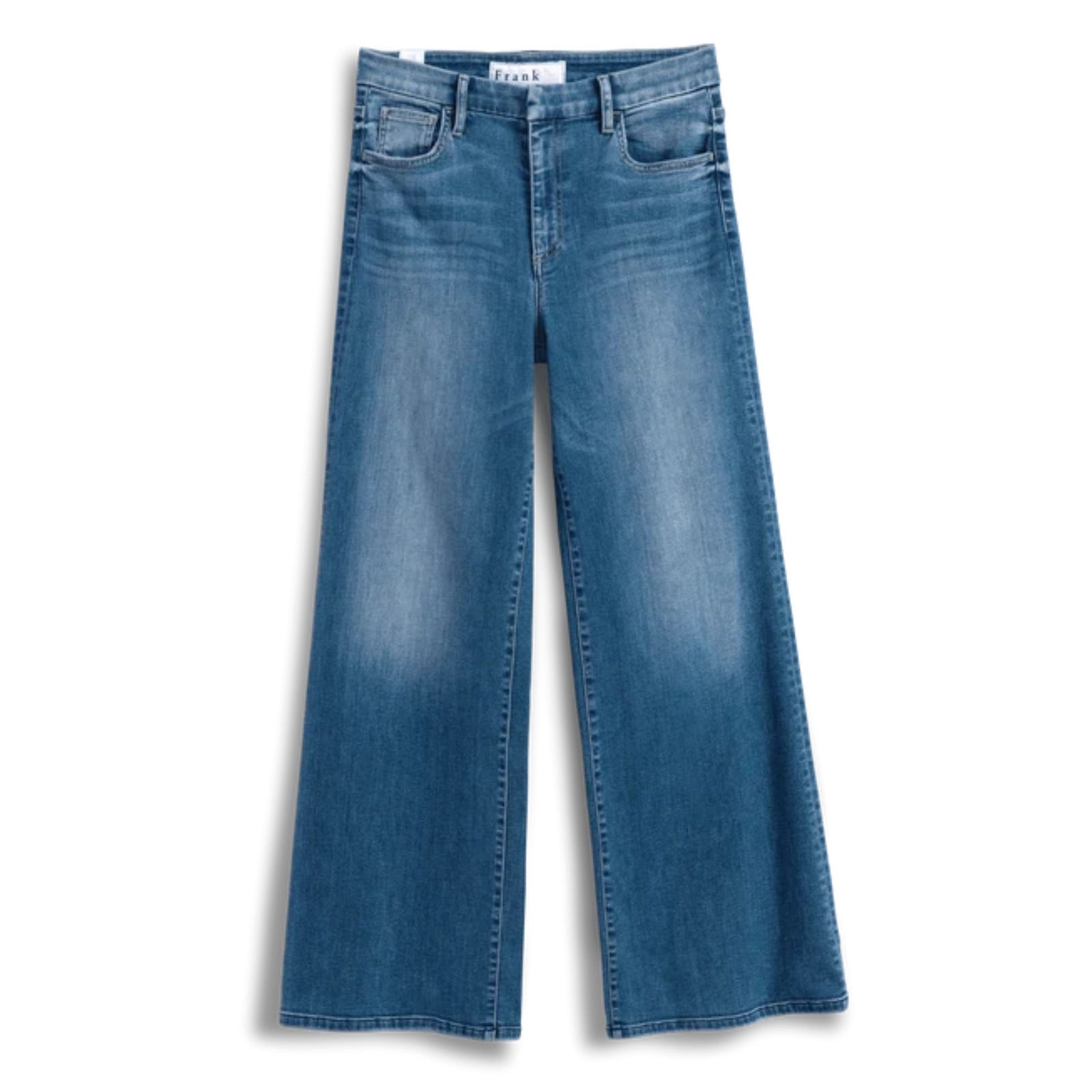 Front product view of the Frank & Eileen Galway 32" Full-Length Wide Leg Jean in 2002—medium blue wash wide-leg denim jeans with subtle fading through the thighs set against a plain white background.