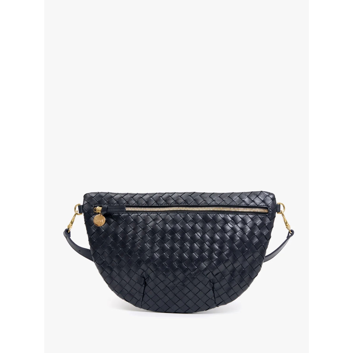 Front view of the "Grande Fanny" bag in Twilight Navy diagonal woven leather, featuring a gold zipper closure and dark navy leather tabs against a plain background.