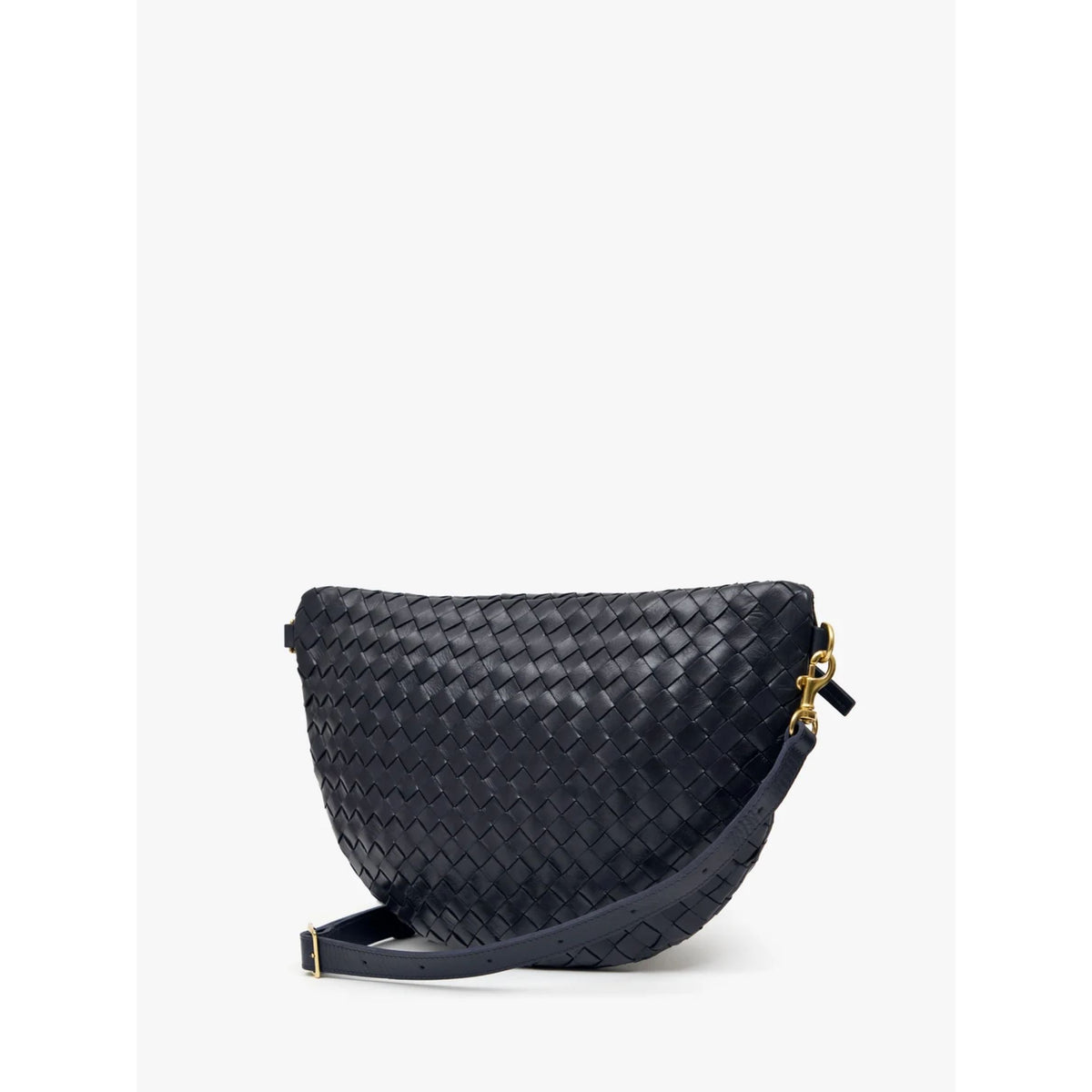 Back view of the dark navy diagonal woven leather fanny pack showing the smooth leather backing and side attachment loops.