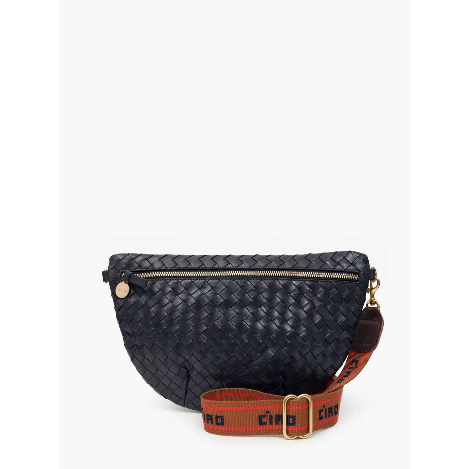 Front view of the "Grande Fanny" bag in Twilight Navy diagonal woven leather, featuring a gold zipper closure and dark navy leather tabs against a plain background.