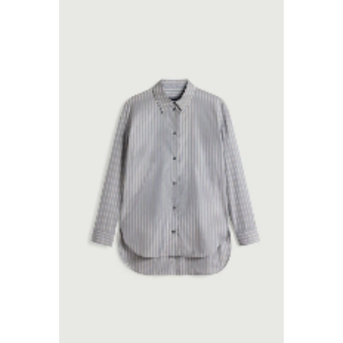 A long-sleeve button-up shirt with a fine vertical stripe pattern in gray and white, displayed against a light gray background.