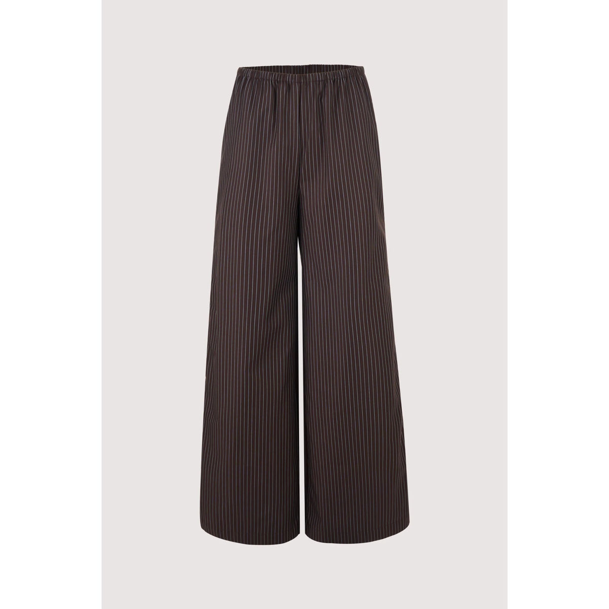 Dark brown wide-leg trousers with thin vertical pinstripes, shown against a light gray background.