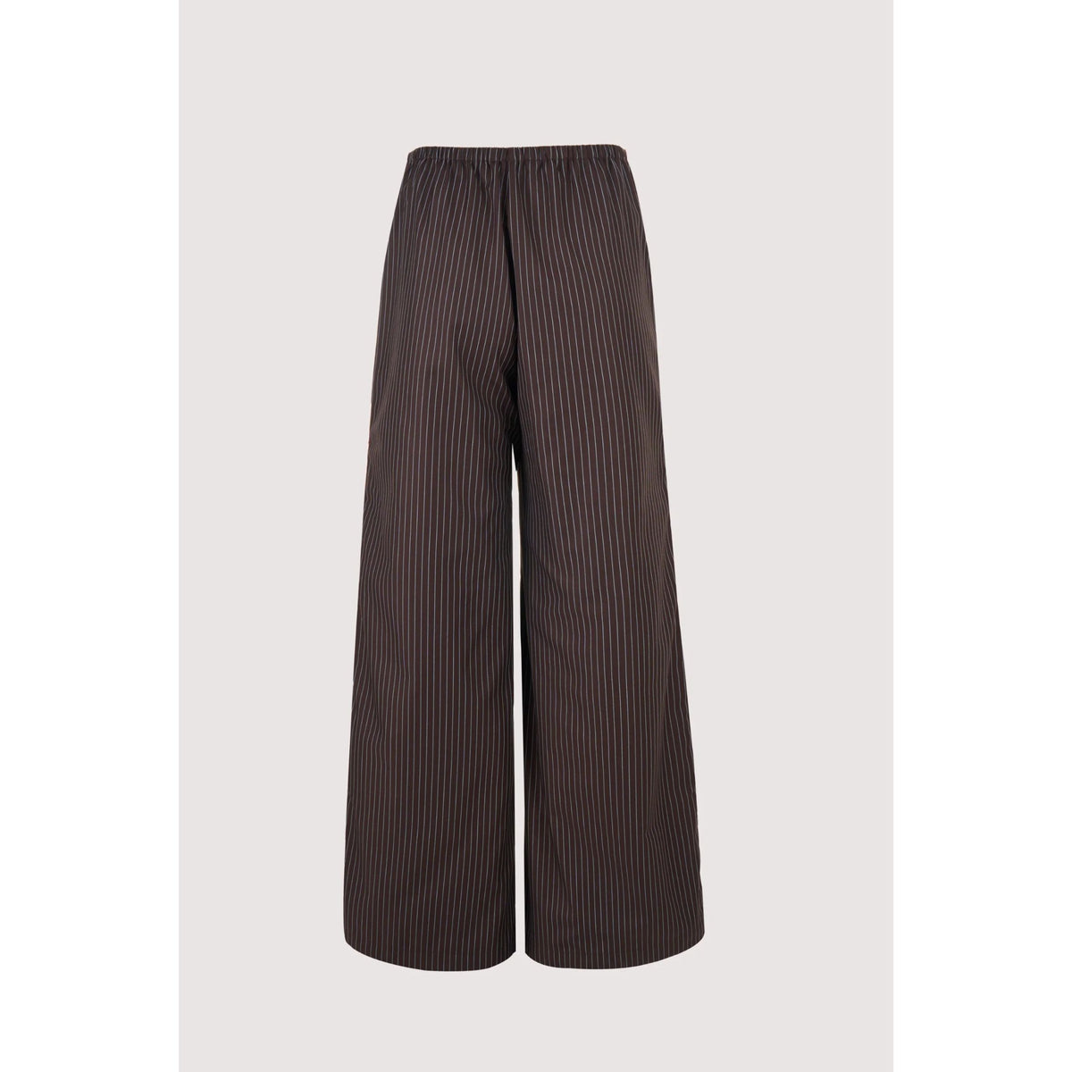 Dark brown wide-leg trousers with thin vertical pinstripes, shown against a light gray background.