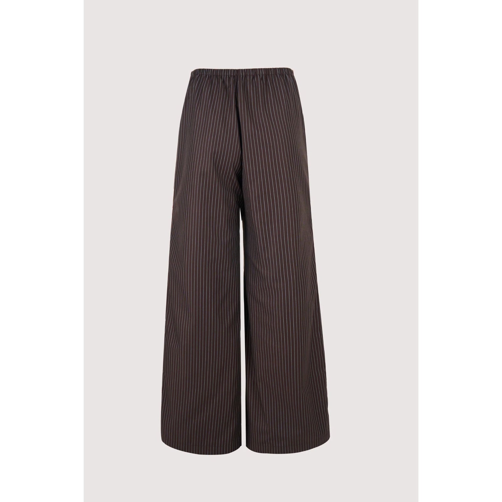 A pair of dark brown wide-leg trousers with thin vertical pinstripes and a red and blue stripe down the side, shown against a light gray background.