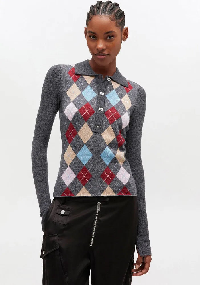 Grey Dark Knitted Polo Shirt