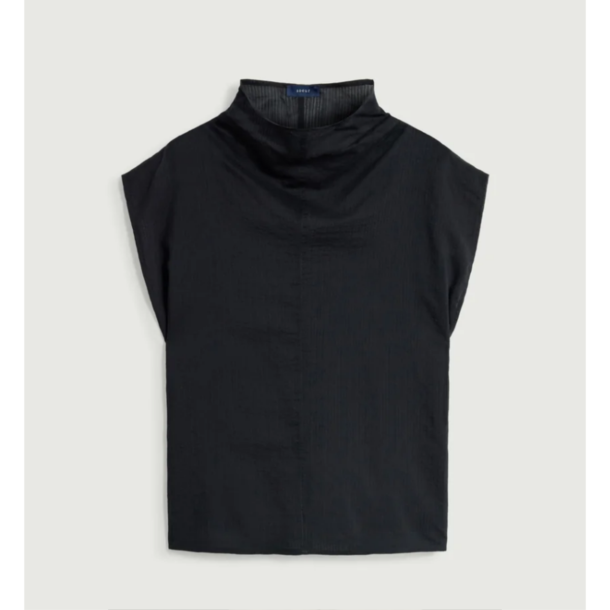 A black sleeveless mock neck top with a draped, cowl-like neckline, displayed flat against a light gray background.