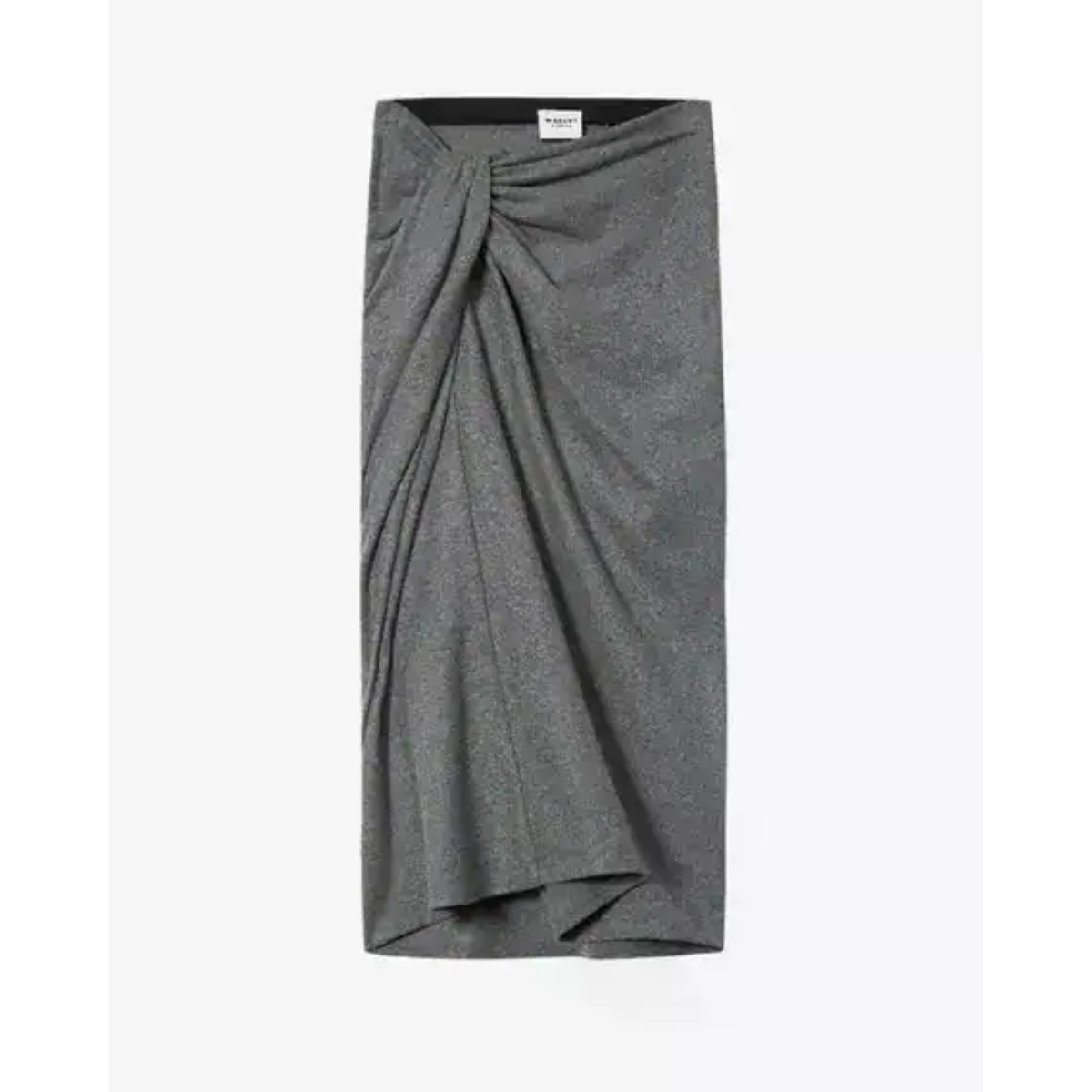 A dark gray wrap skirt with a gathered, twisted front detail, displayed flat against a light gray background.