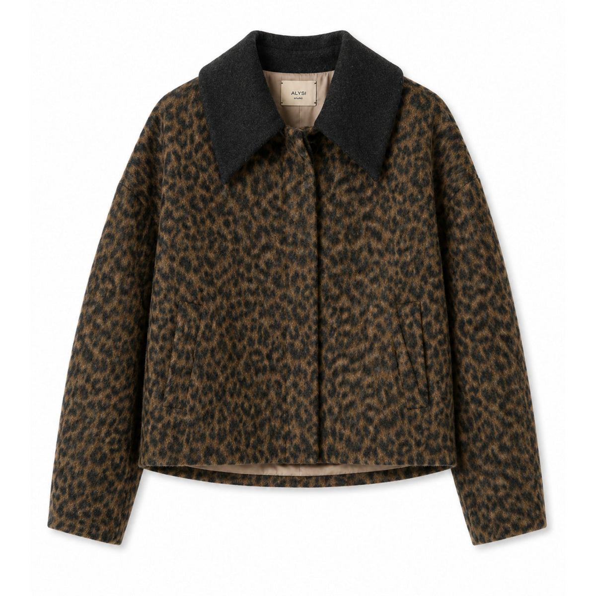A cropped wool-blend jacket featuring a brown and black leopard print pattern, a contrasting solid black collar, and a button-up front, shown flat on a white background.