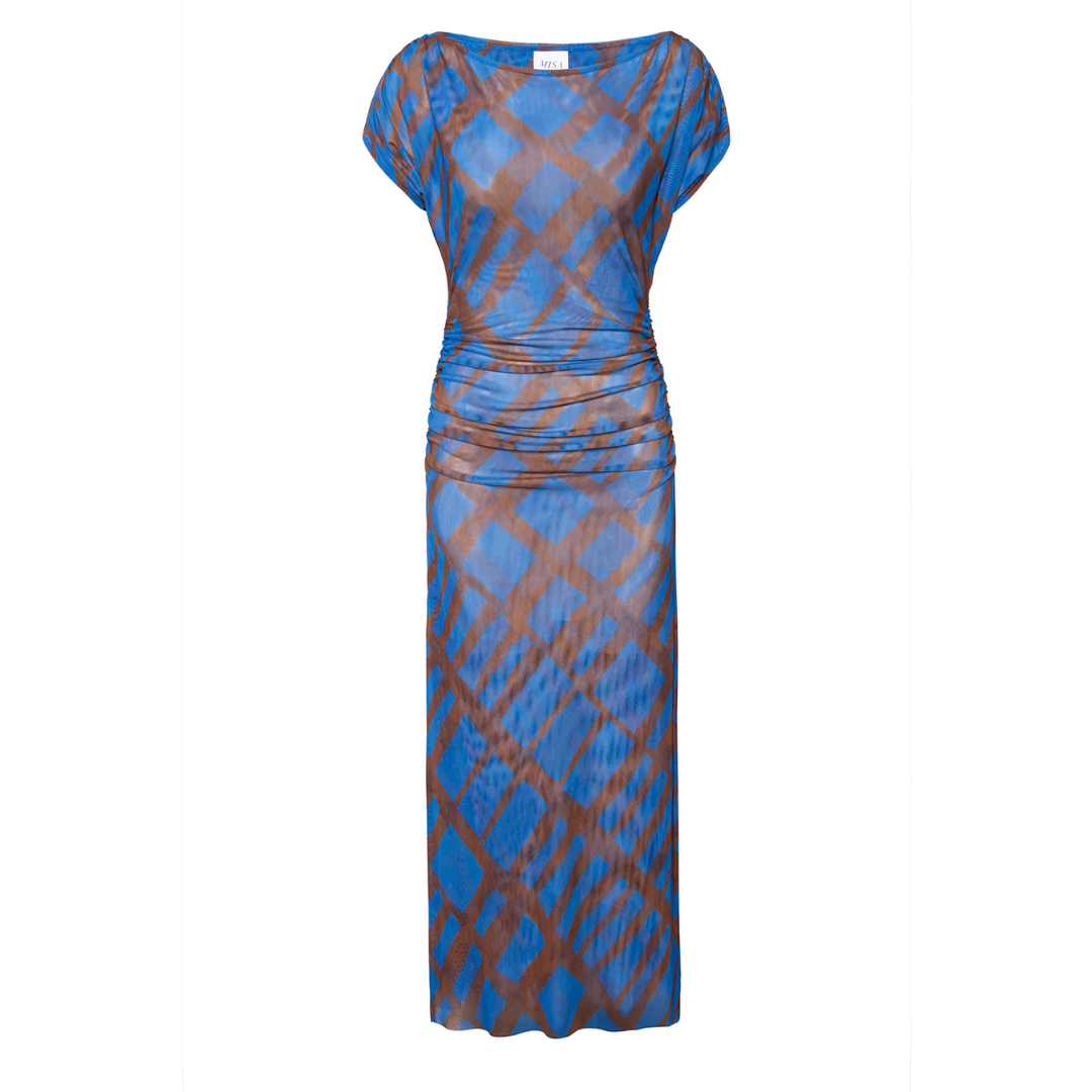 Misa Los Angeles Kiana Mesh Midi Dress, Blue Brown Mtrx Msh, Women's, XS, Cocktail & Party Wedding Guest Dresses Midi Dresses