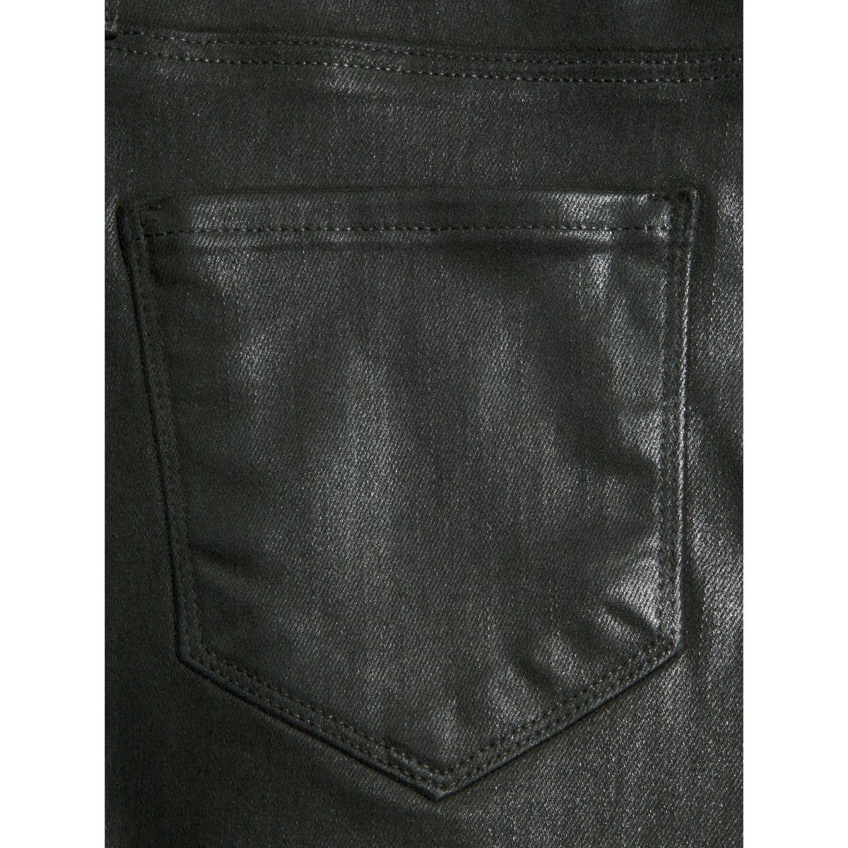 Close-up of a black leather or faux-leather pocket with visible stitching and a textured surface.