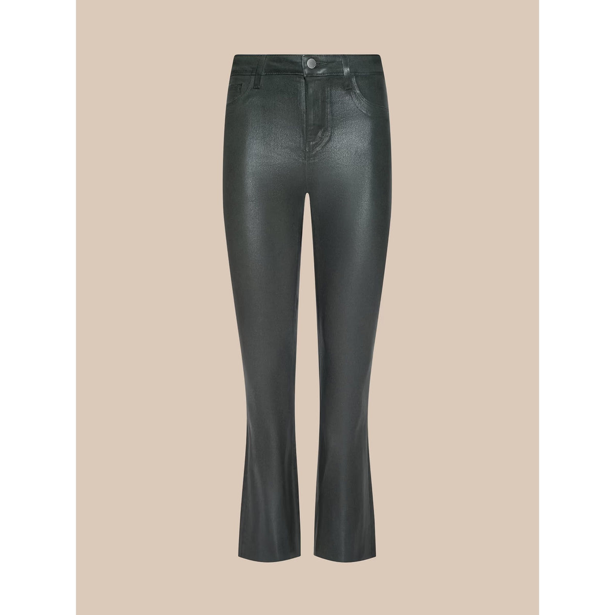 Dark charcoal gray faux-leather cropped flare pants shown on a solid beige background.