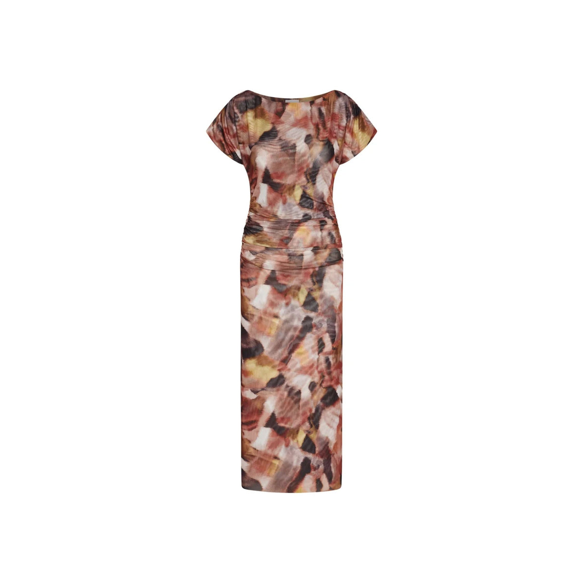 A short-sleeved midi dress with an abstract painterly pattern in shades of brown, beige, orange, and black, shown against a plain white background.