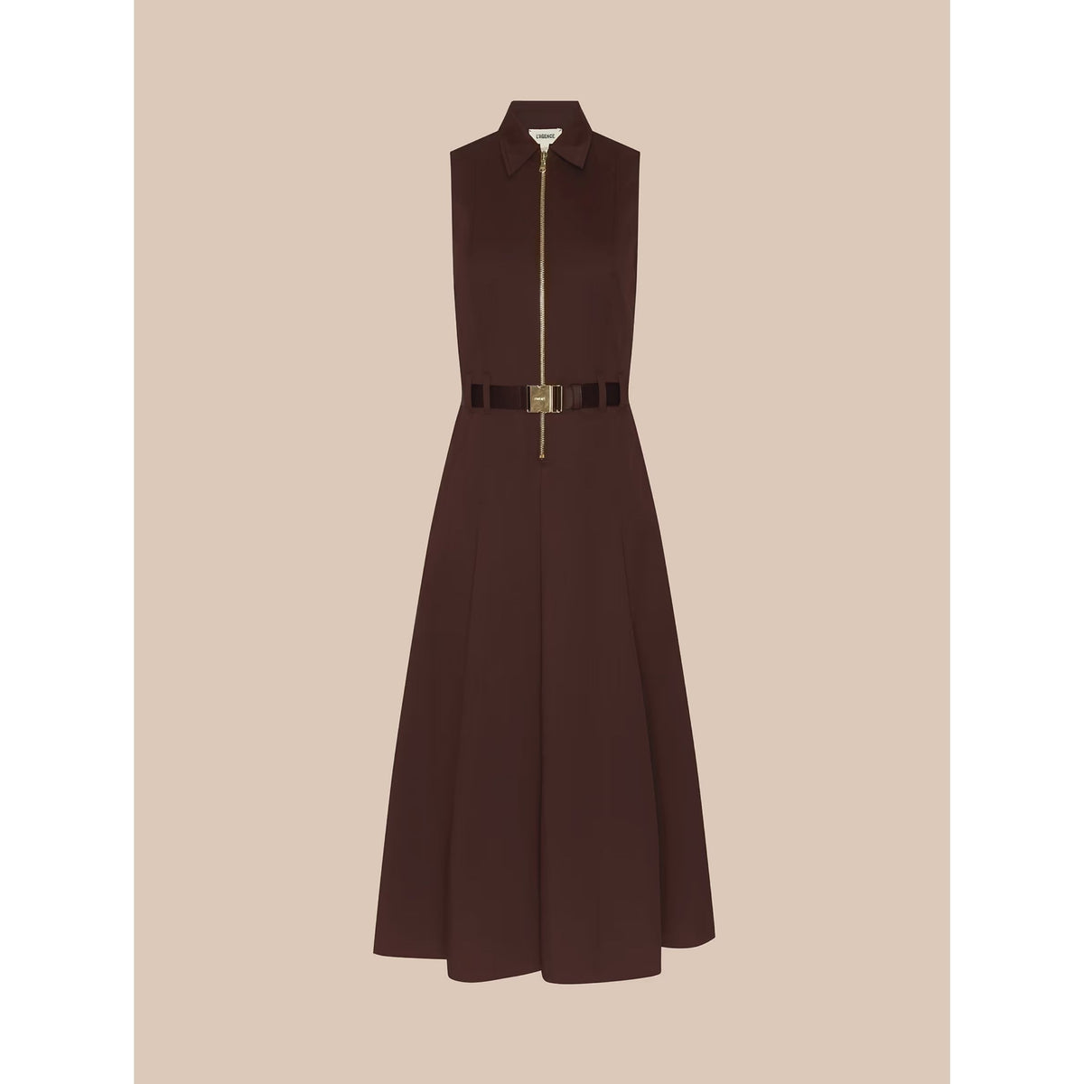 A sleeveless dark brown midi dress with a collar, front zipper, and a matching dark belt with a gold buckle, shown against a solid beige background.