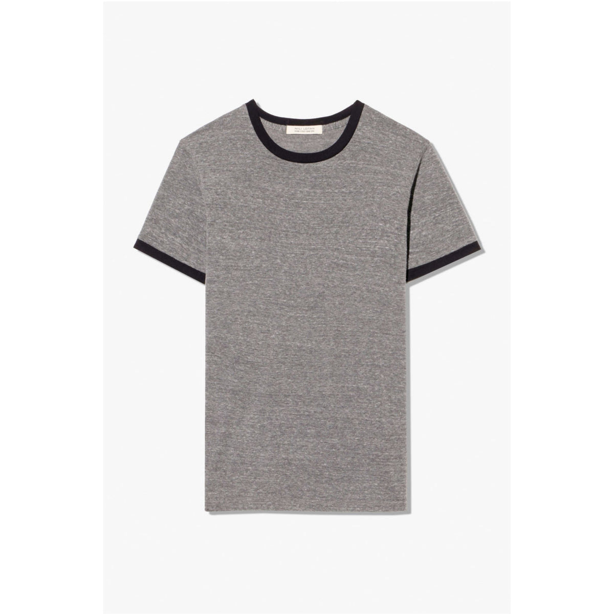 A short-sleeve ringer t-shirt in heather gray with black ribbed trim on the crew neck and sleeve cuffs, displayed flat against a light gray background.