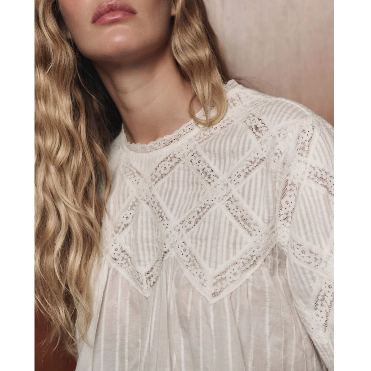 A close-up of a woman wearing a cream-colored blouse with intricate lace and striped patterns.