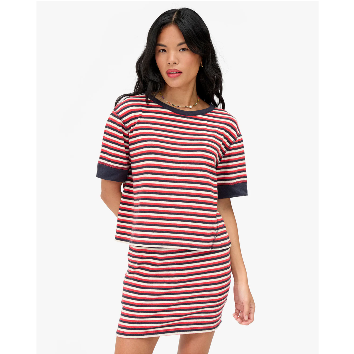 Le Bateau Tee - Navy/Cherry Red/Cream Stripe