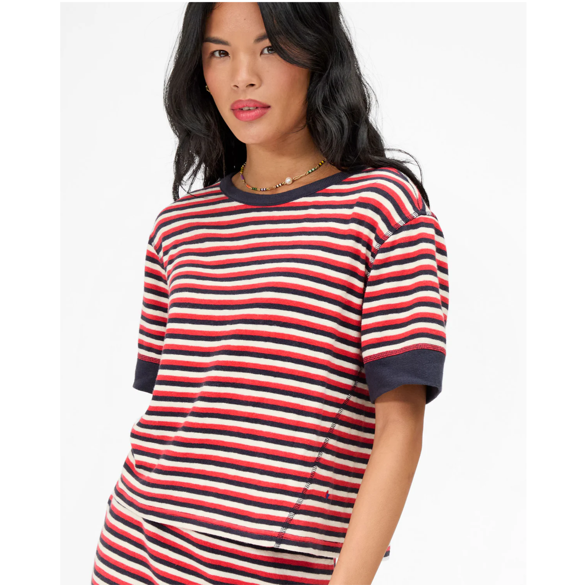 Le Bateau Tee - Navy/Cherry Red/Cream Stripe
