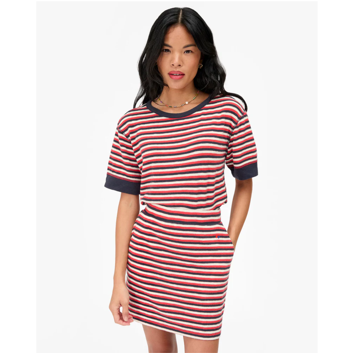 Le Mini Tube Skirt - Navy/Cherry Red/Cream Stripe