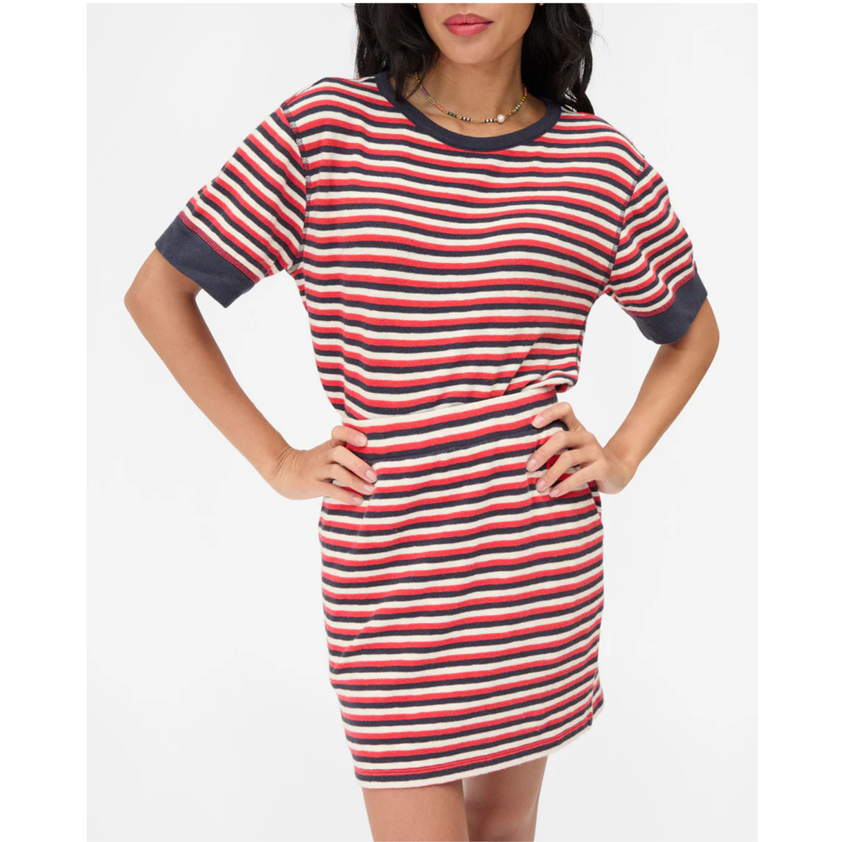 Le Mini Tube Skirt - Navy/Cherry Red/Cream Stripe