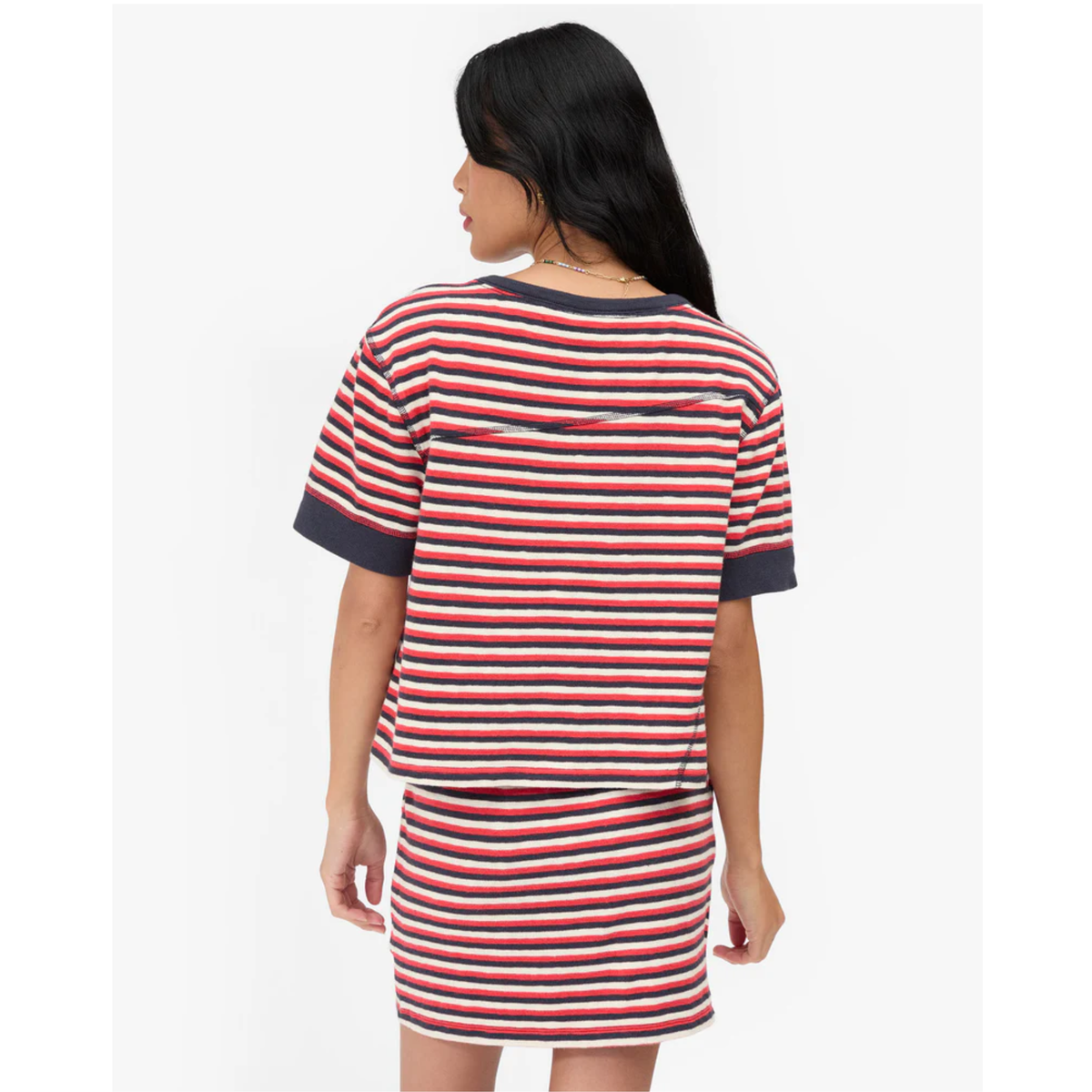 Le Mini Tube Skirt - Navy/Cherry Red/Cream Stripe