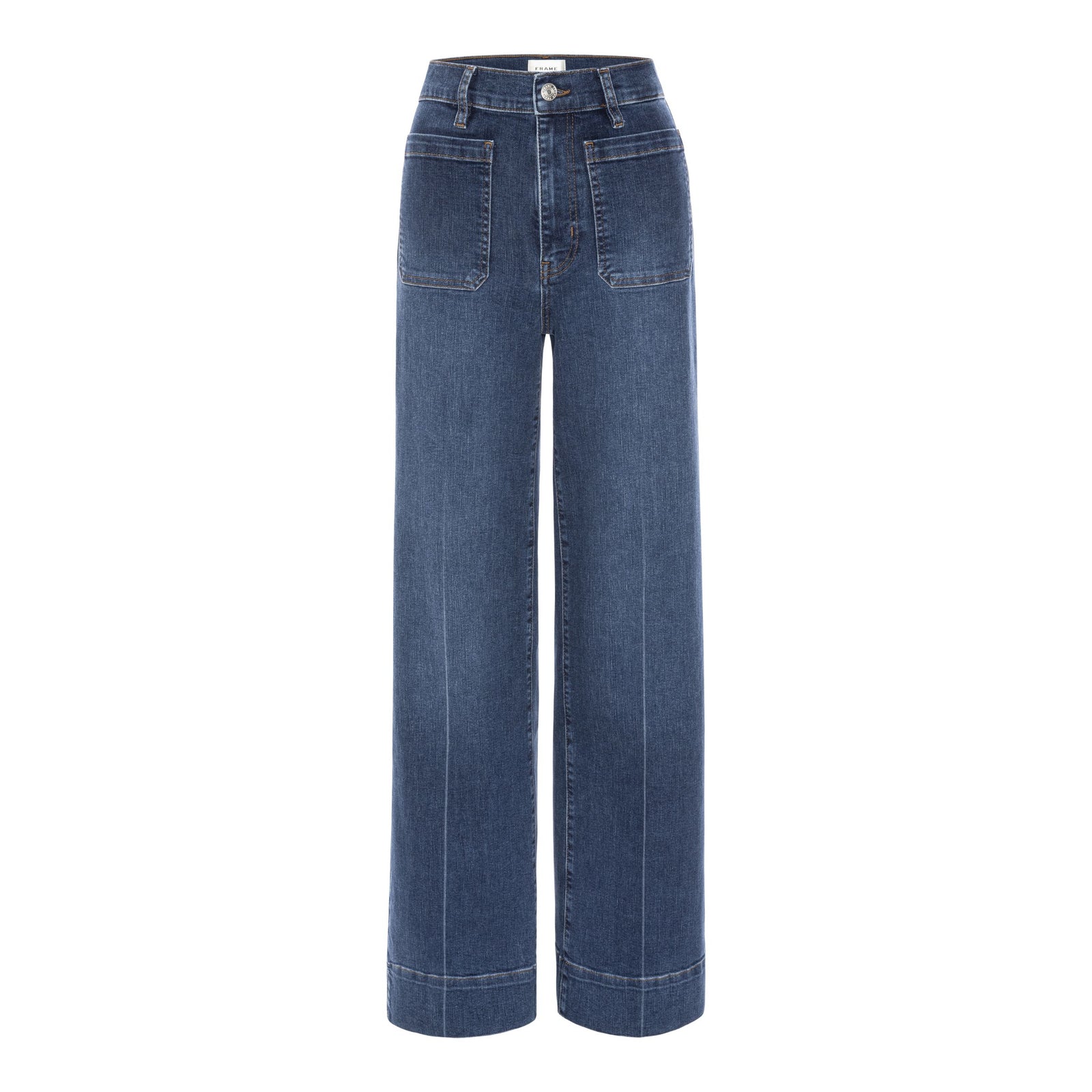 A pair of high-waisted, wide-leg blue denim jeans with front patch pockets, shown on a plain white background.