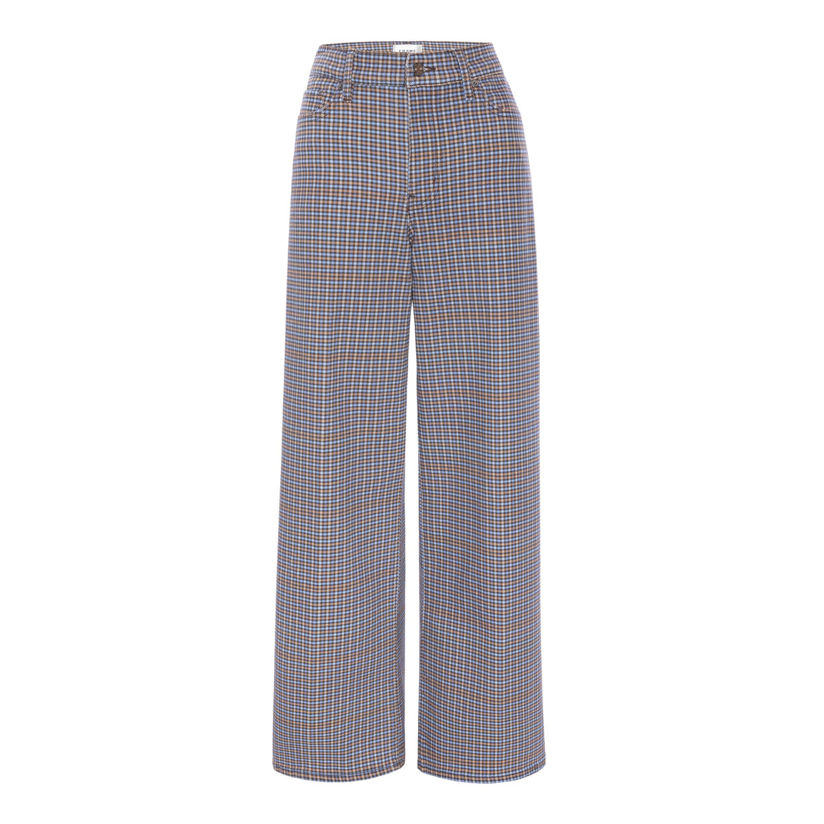 A pair of wide-leg trousers featuring a fine blue, orange, and white windowpane plaid pattern on a gray base, shown against a plain white background.