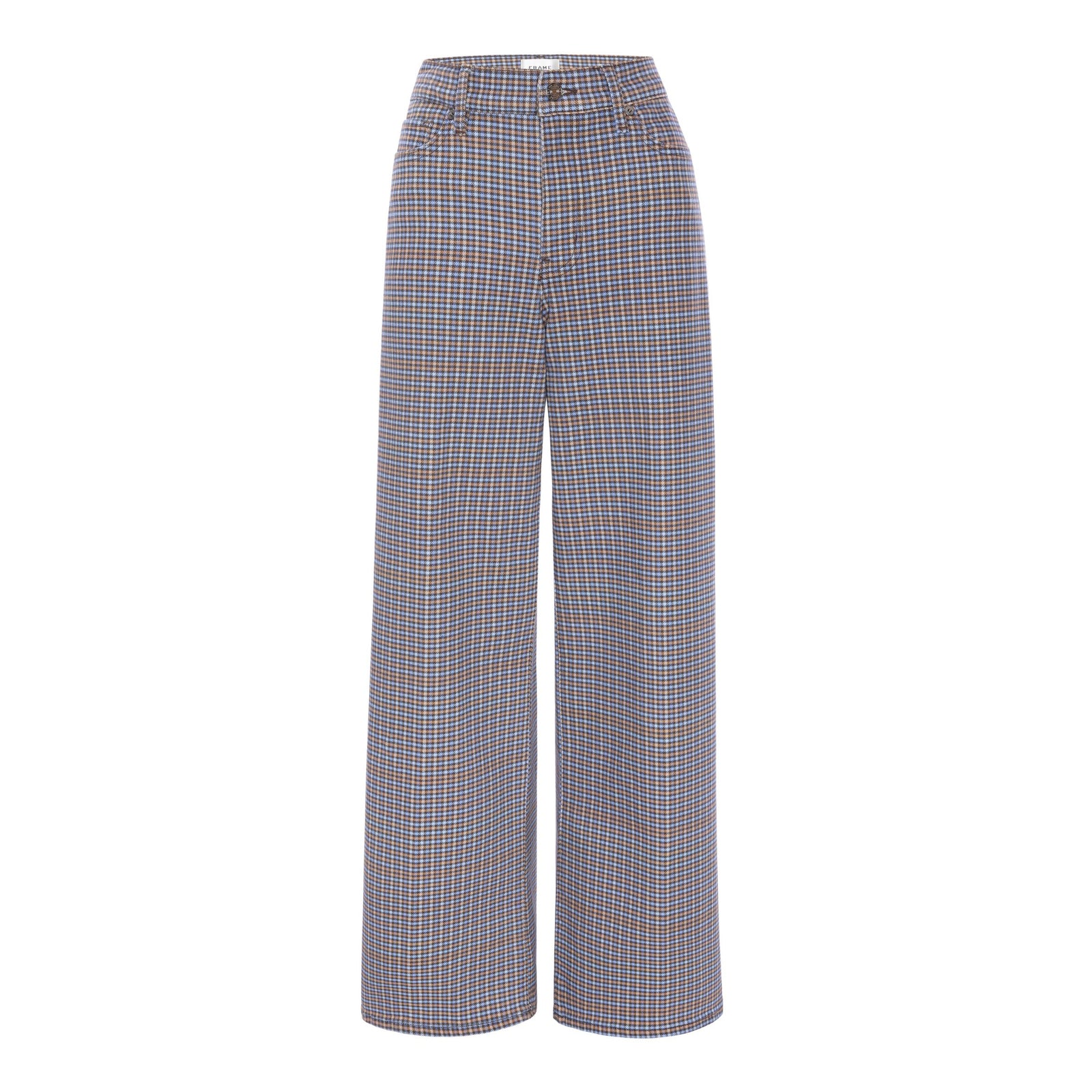 A pair of wide-leg trousers featuring a fine blue, orange, and white windowpane plaid pattern on a gray base, shown against a plain white background.