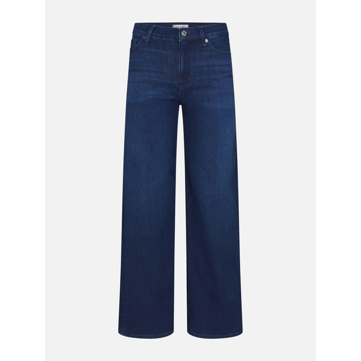 A pair of dark blue wide-leg jeans shown flat against a light gray background.