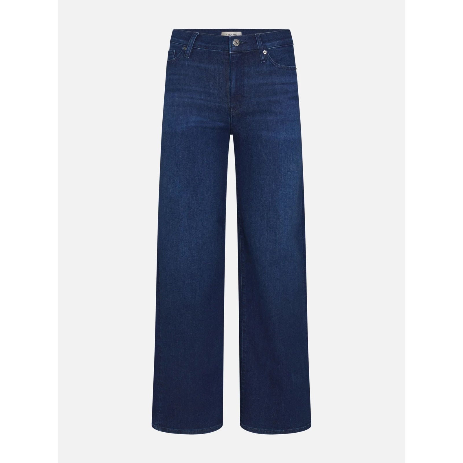 A pair of dark blue wide-leg jeans shown flat against a light gray background.