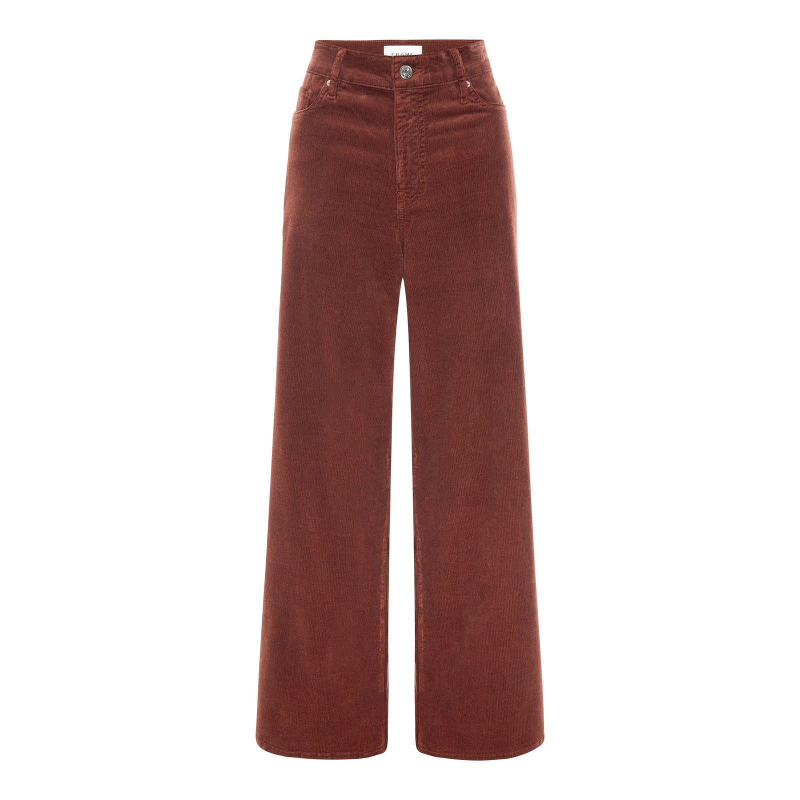A pair of high-waisted, wide-leg corduroy pants in a rust brown color, shown flat against a solid white background.