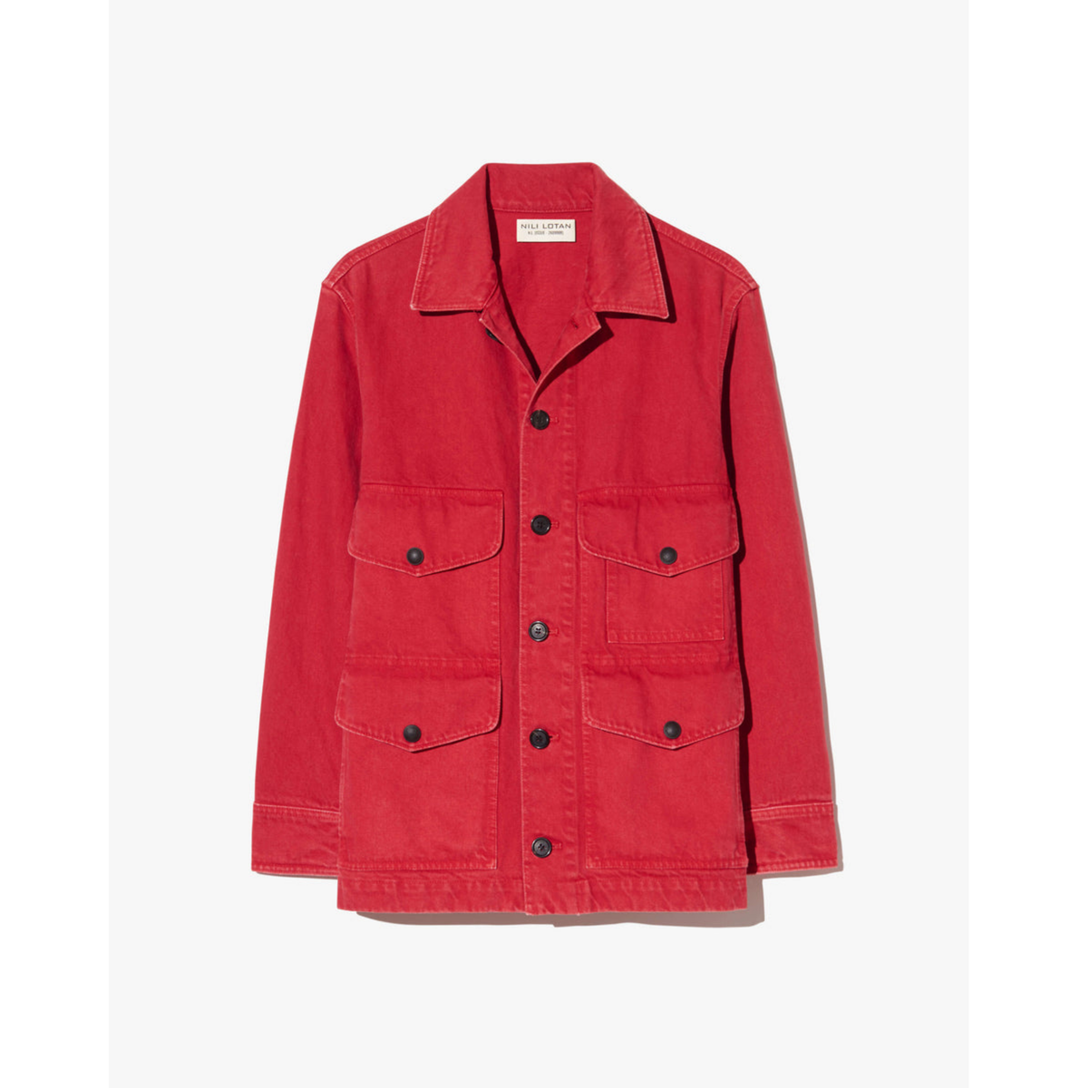 Red jacket with black buttons on a white background