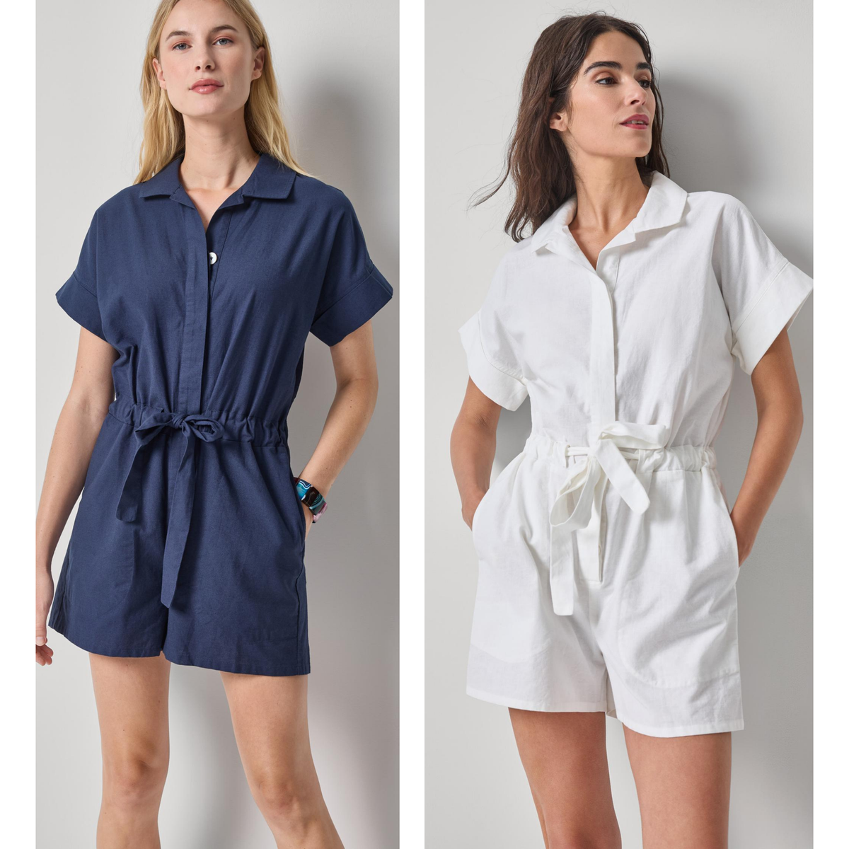 Two women wearing blue and white rompers against a plain background