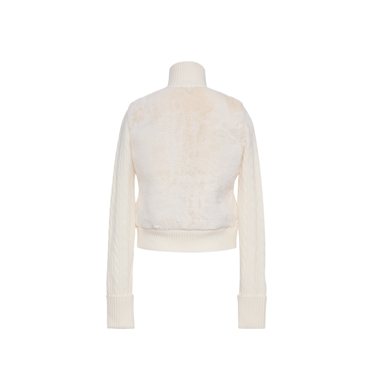 An off-white cropped knit sweater with a textured, fuzzy back panel and ribbed turtleneck, cuffs, and hem, shown from the back on a white background.