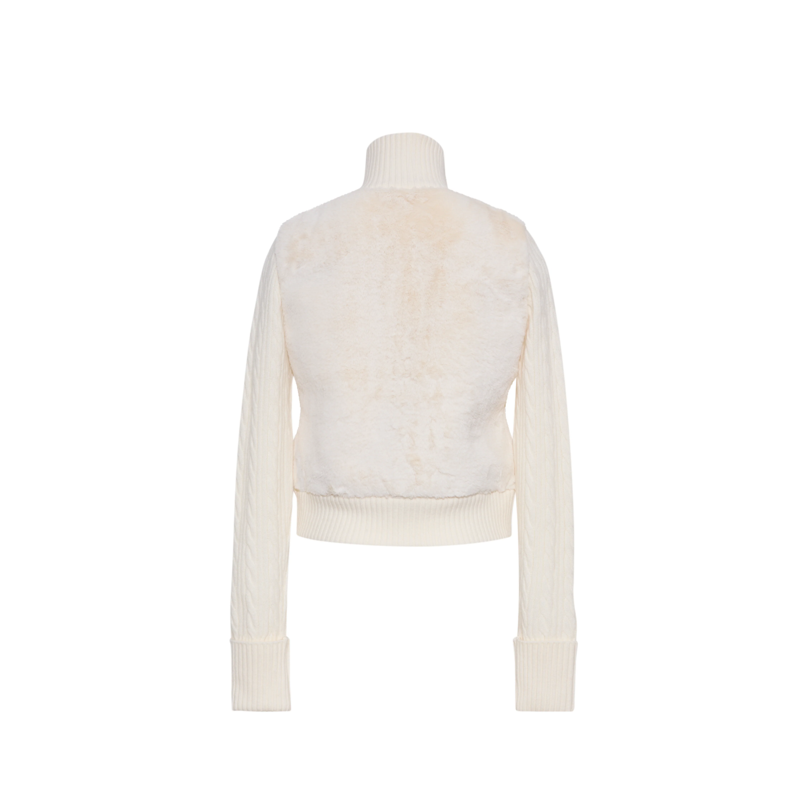 An off-white cropped cardigan featuring a textured faux-fur front panel with a subtle warm tan patch, a ribbed mock neck, button closure, and ribbed cuffs and hem.