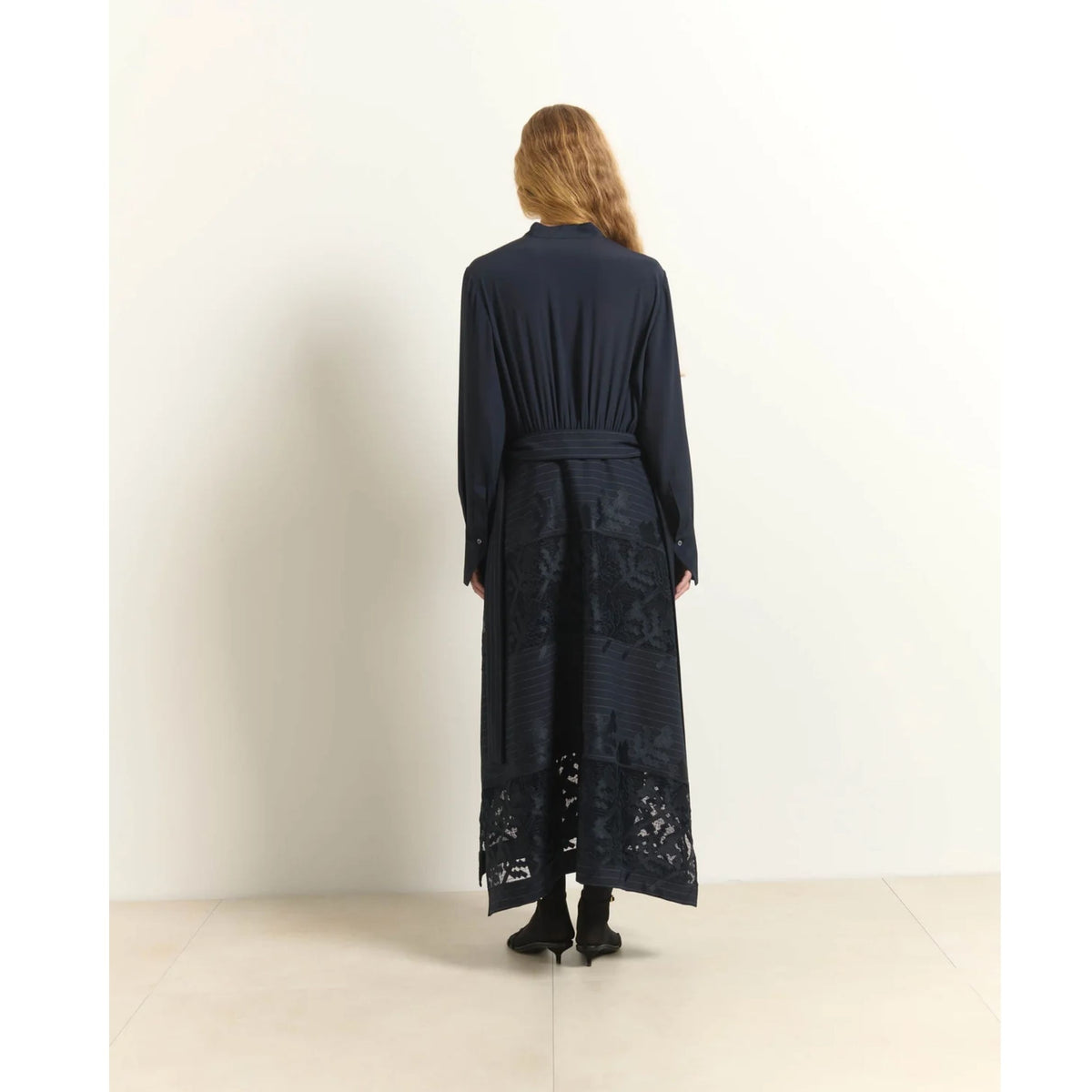 Long Dress With Geometreic Lace Inserts - Dark Blue