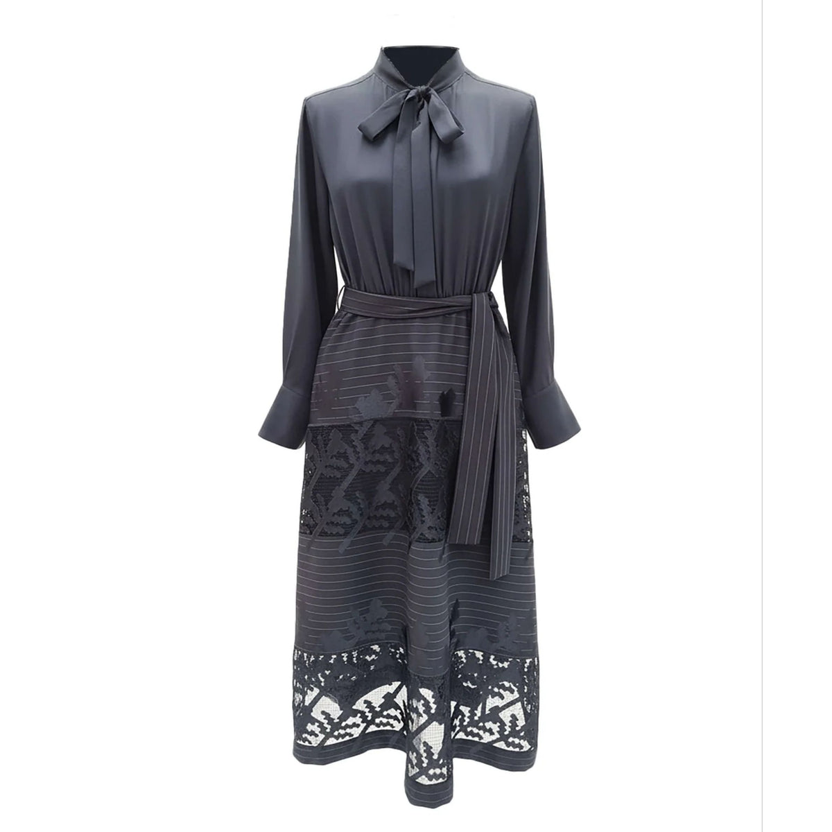 Long Dress With Geometreic Lace Inserts - Dark Blue