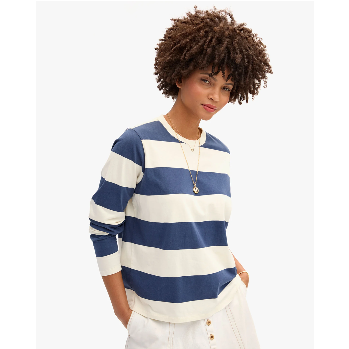 Long Sleeve Tee - Cream/Navy Rugby Stripe