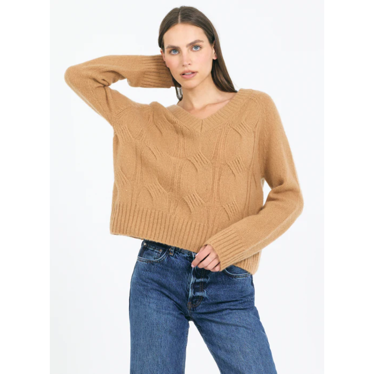 Mable Cable V-Neck Pullover - Chestnut